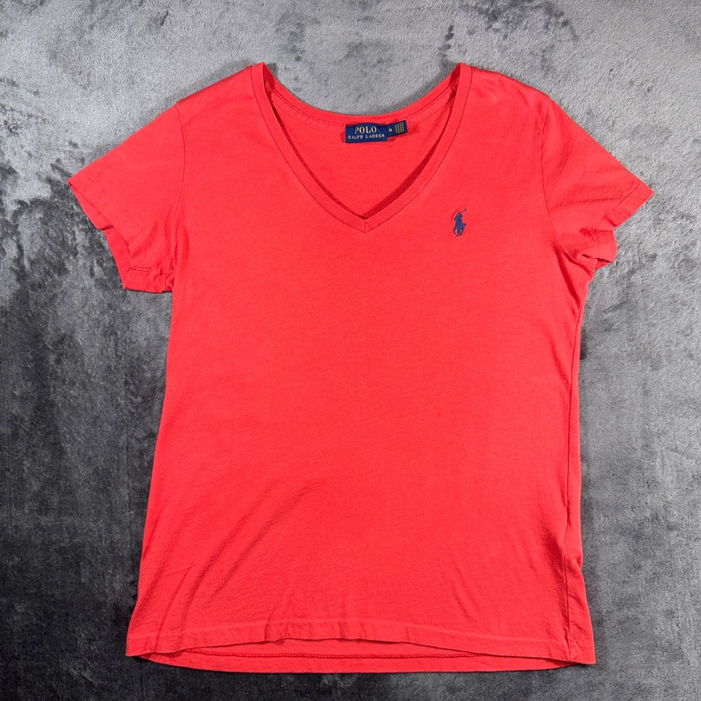 Polo Ralph Lauren Womens V-Neck T-Shirt Red Short Sleeve Cotton Pony Logo Size M